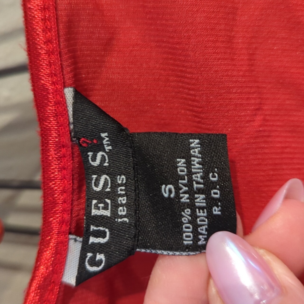 Festival Y2K Guess Jeans Semi Sheer Red Small Stretch Printed Floral Depop Vtg - Picture 2 of 12
